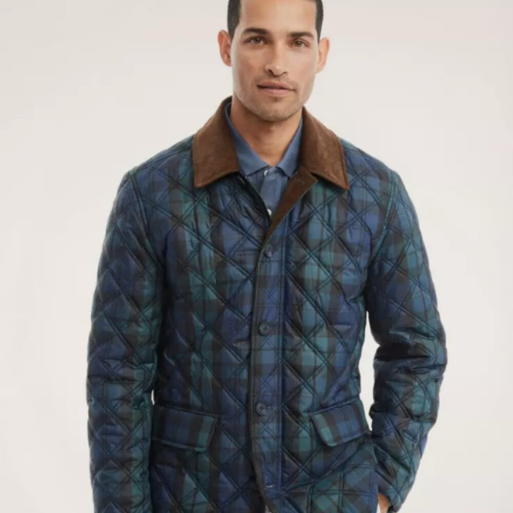 Mens Brooks Brothers Paddock Quilted Black Watch Coat Navy Size XXL 2XL New